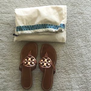 Tory Burch Miller Sandals. Tan with Roses Gold metal logo. Size 10M.